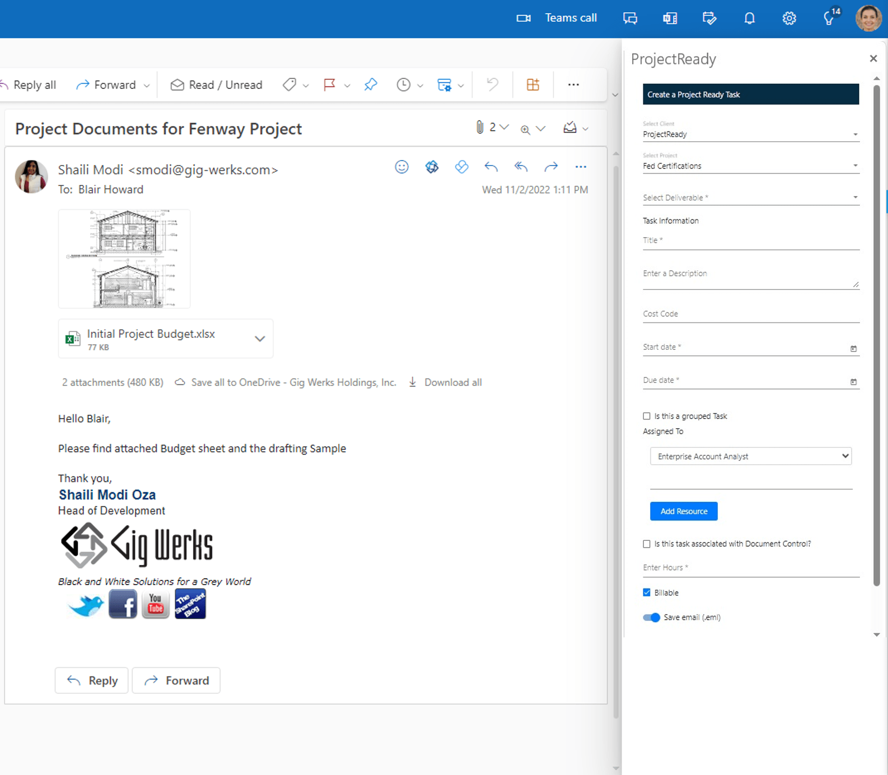 ProjectReady Microsoft Outlook Add-Ins make it possible for AEC professionals to register content to the project, deploy RFI, Change Order, Submittal workflows, and even create tasks for other team members.